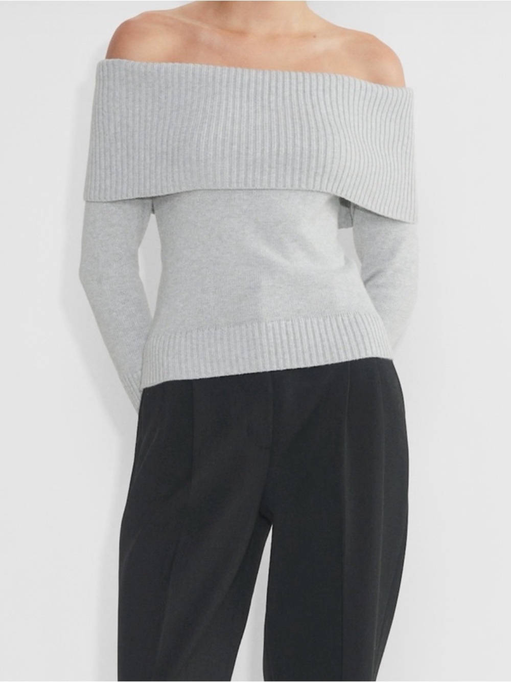 Aritzia Light Gray Off-the-Shoulder Ribbed Sweater